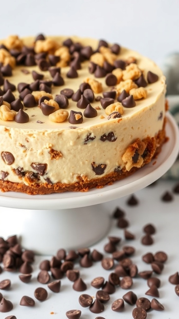 Chocolate Chip Cookie Dough Cheesecake topped with cookie dough balls and chocolate chips on a white cake stand.