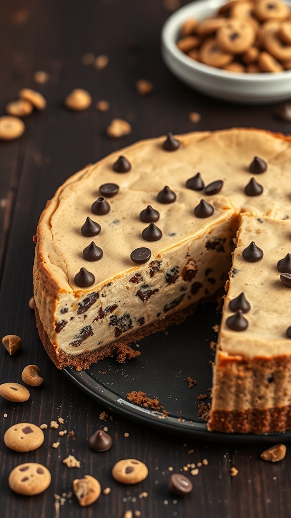 A delicious Chocolate Chip Cookie Dough Cheesecake with chocolate chips on top and cookie dough pieces around it.