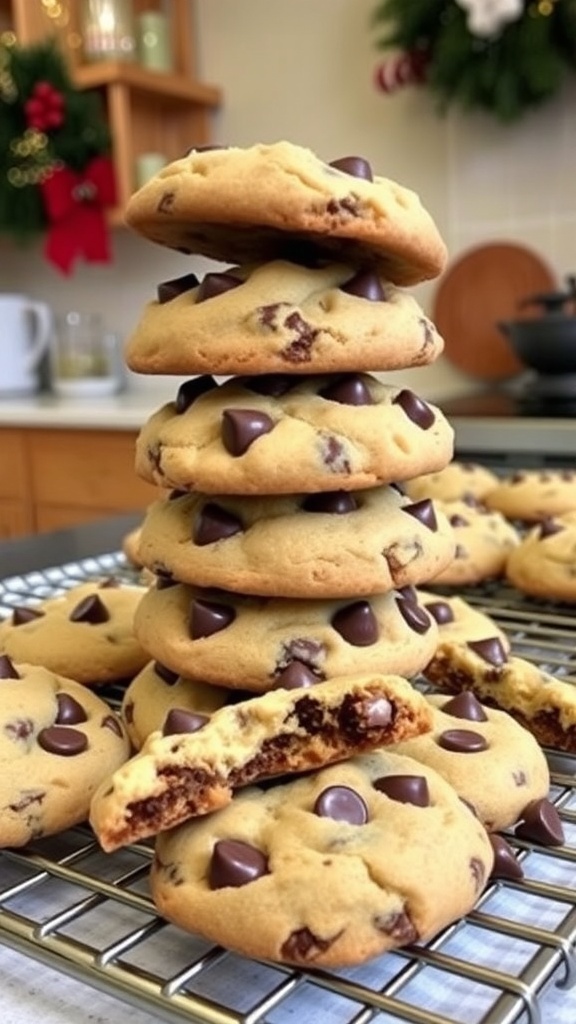 A stack of chocolate chip cookies with some cookies broken open, revealing melted chocolate inside.