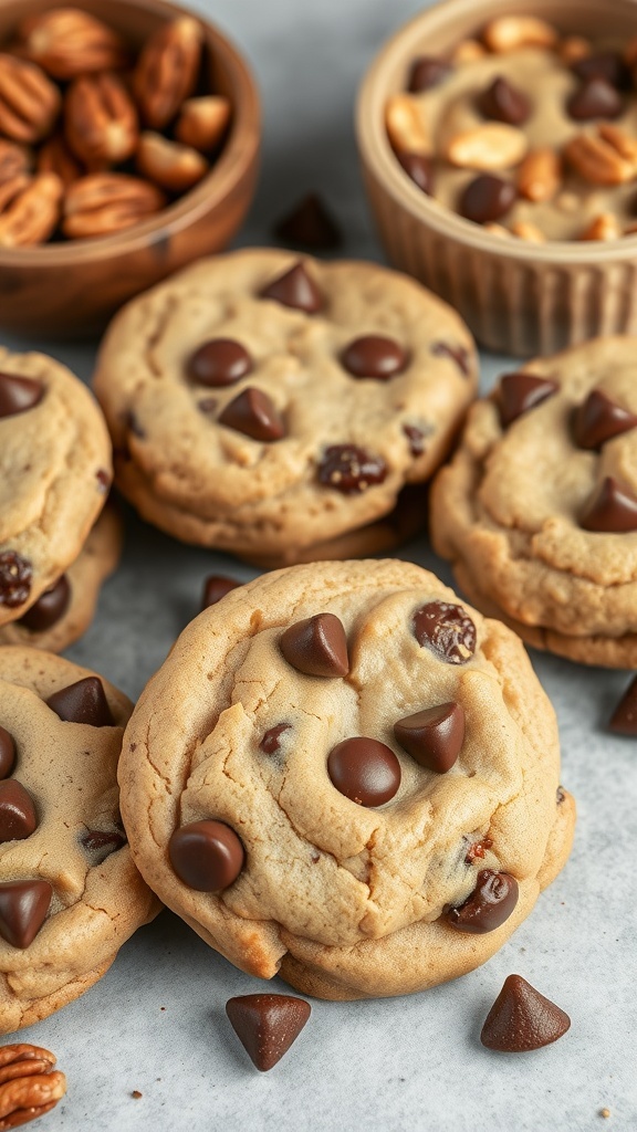 Delicious chocolate chip cookies with nuts, displayed alongside bowls of nuts.