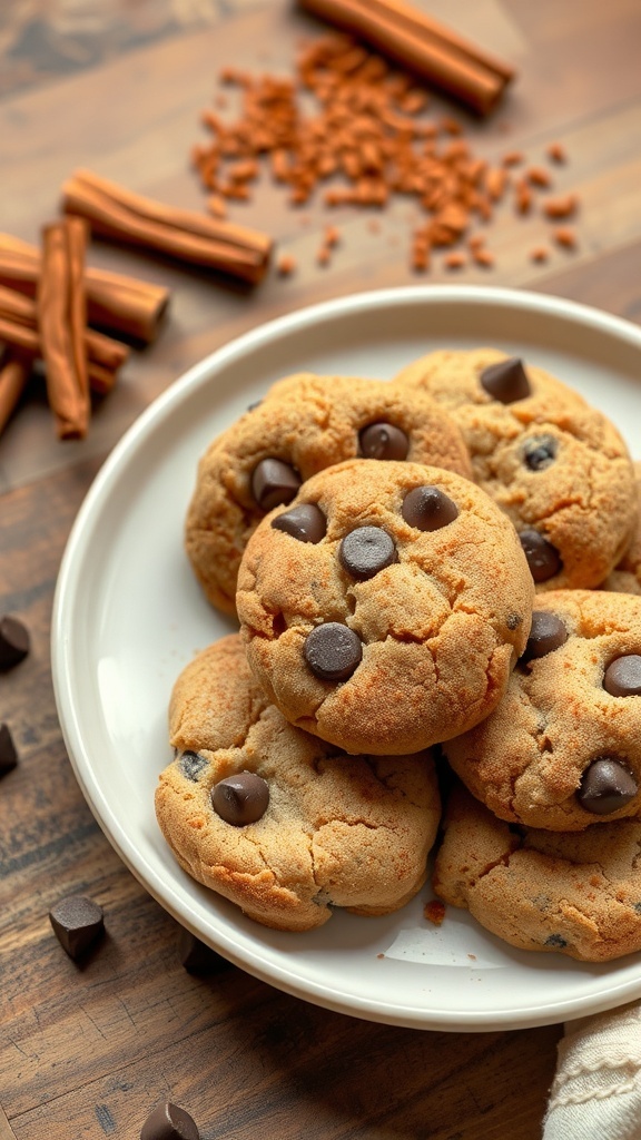 Plate of chocolate chip cookies with cinnamon, surrounded by cinnamon sticks and chocolate chips.