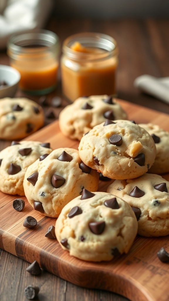 A plate of freshly baked chocolate chip cookies with applesauce, showcasing their soft texture and chocolate chips.
