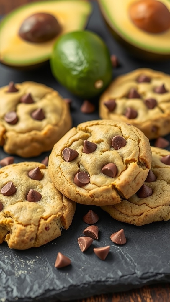 Delicious chocolate chip cookies made with avocado, showcasing a creamy texture.