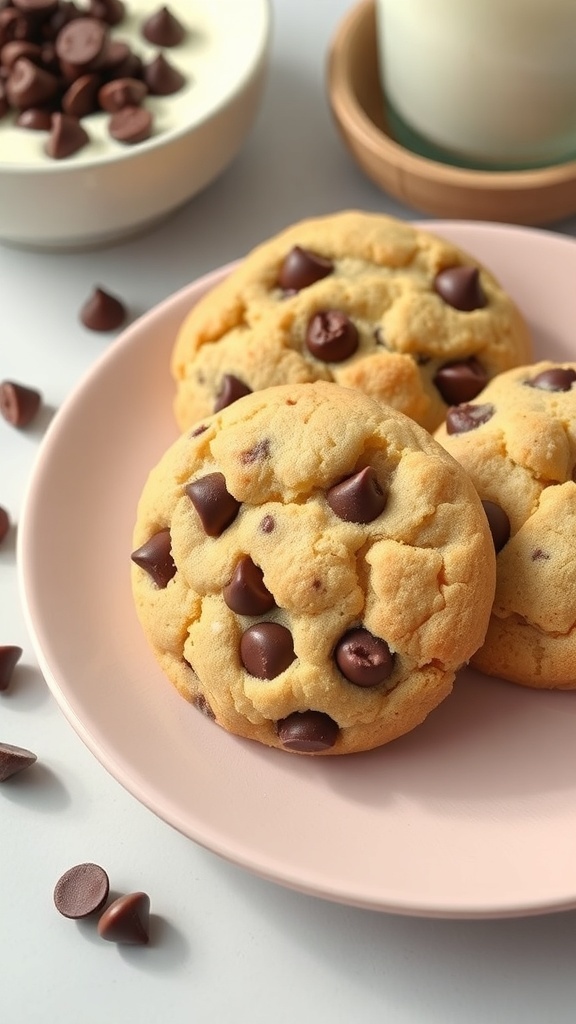 Delicious chocolate chip cookies on a pink plate with chocolate chips scattered around.