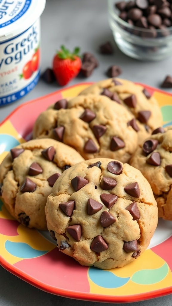 Plate of chocolate chip protein cookies with Greek yogurt, surrounded by yogurt container and chocolate chips.