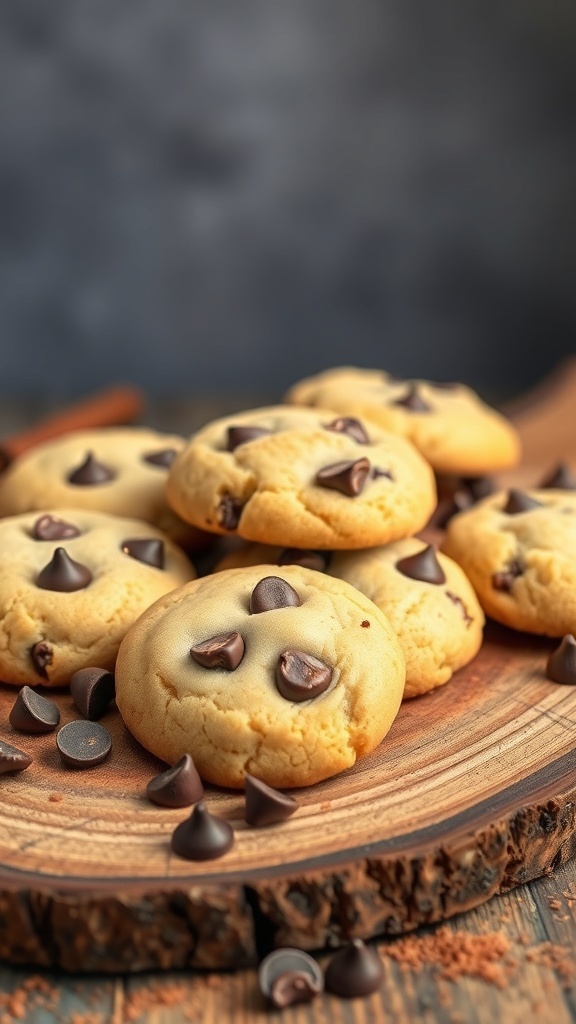 A plate of chocolate chip protein snickerdoodle cookies with chocolate chips scattered around.