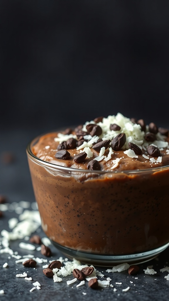 A bowl of chocolate-coconut chia pudding topped with shredded coconut and chocolate chips.