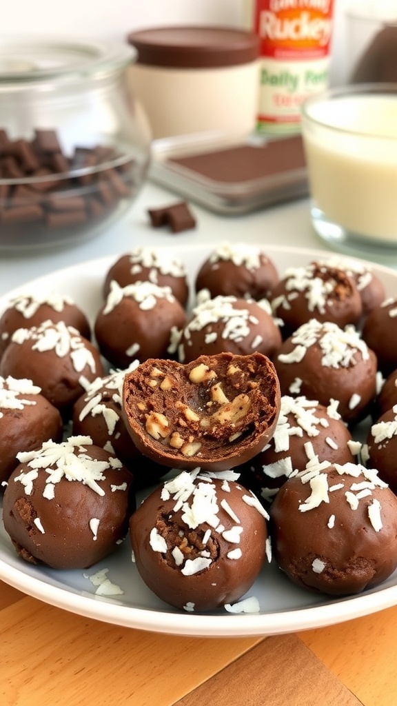 A plate of chocolate coconut energy bites, some coated with shredded coconut, with a bite taken out of one.