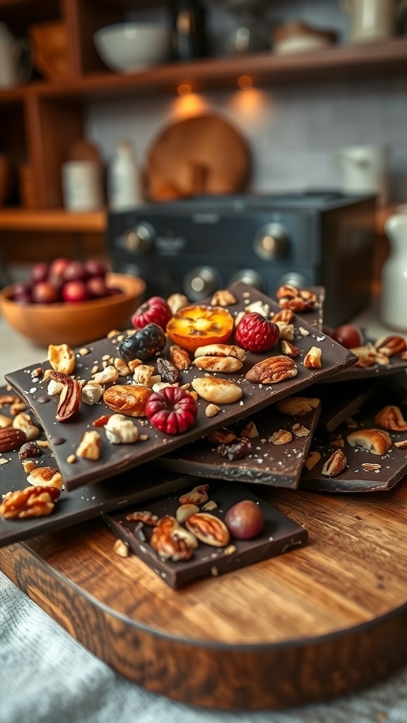 A delicious display of dark chocolate bark topped with nuts and berries on a wooden board.