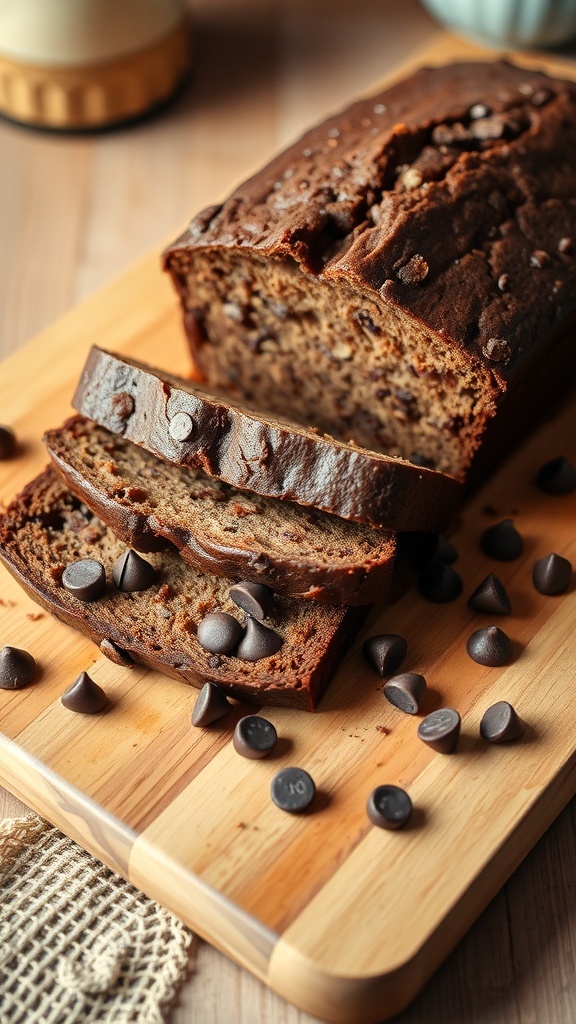 Sliced chocolate hazelnut banana bread on a wooden cutting board with chocolate chips scattered around.