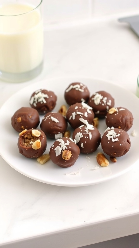 A plate of chocolate hazelnut energy bites topped with nuts and coconut flakes, next to a glass of milk.