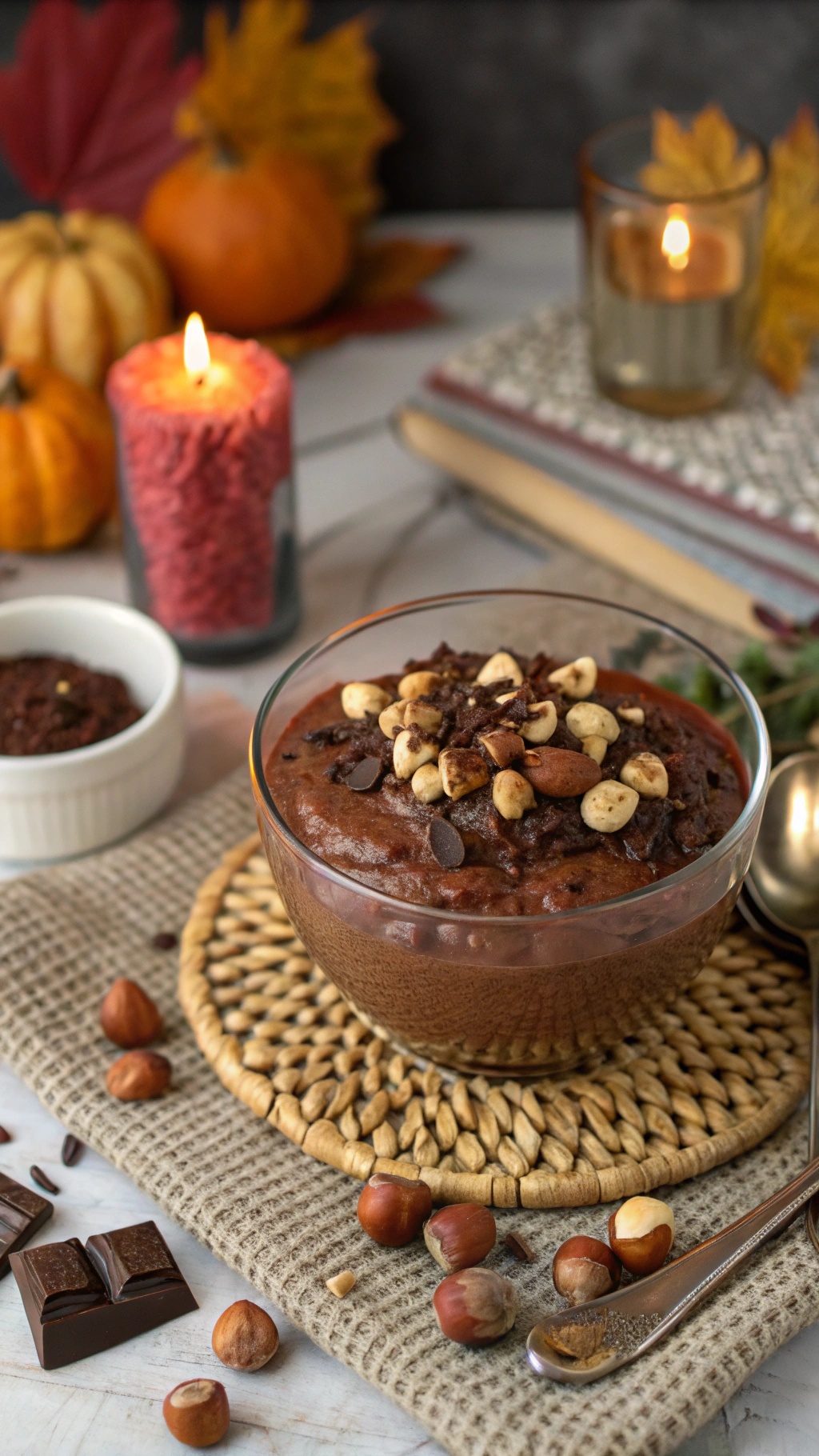 A bowl of chocolate hazelnut chia pudding topped with hazelnuts, surrounded by pumpkins and candles.