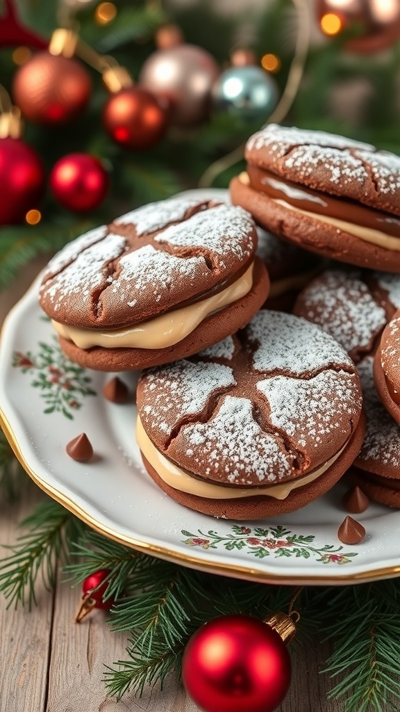 Plate of chocolate hazelnut spread cookies with powdered sugar, set against a festive holiday background.