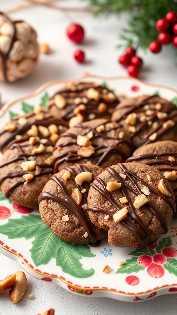 A plate of chocolate hazelnut spread cookies drizzled with chocolate and topped with chopped hazelnuts, surrounded by festive decorations.