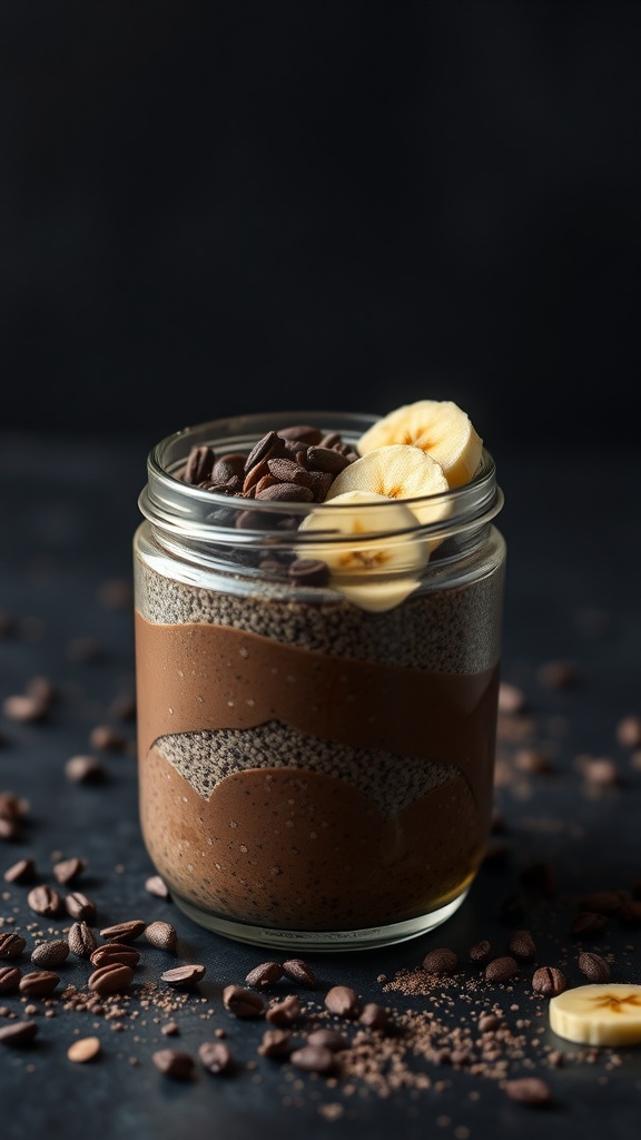 A jar of rich chocolate chia pudding topped with banana slices and coffee beans, surrounded by coffee beans.