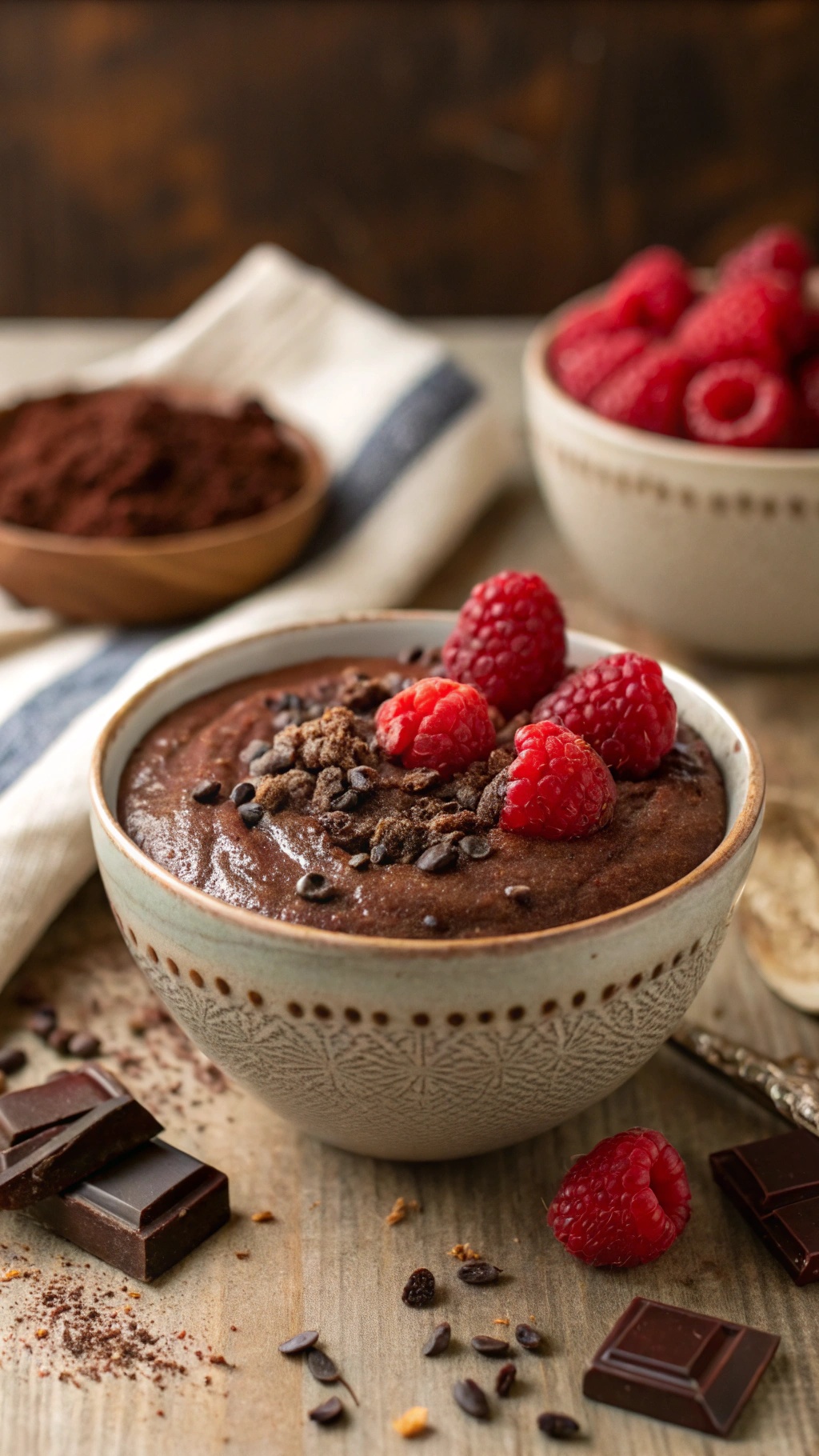 A bowl of chocolate chia pudding topped with raspberries and chocolate shavings, with cocoa powder and chocolate pieces in the background.