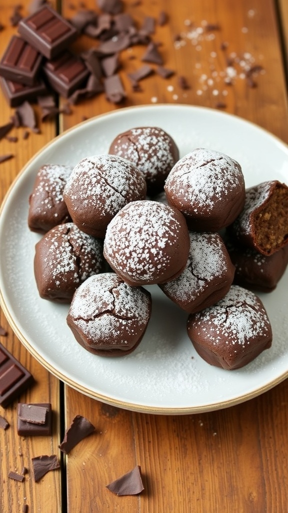 A plate of low-carb brownie bites dusted with powdered sugar, surrounded by chocolate squares.