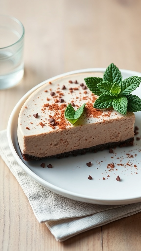 A slice of chocolate mint cheesecake garnished with mint leaves and chocolate chips on a white plate.