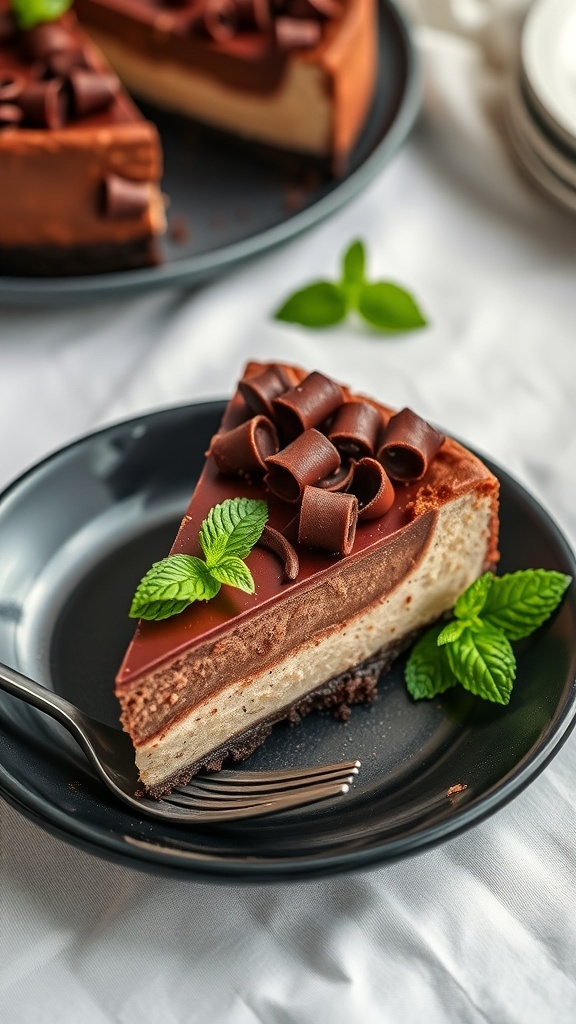 A slice of chocolate mint cheesecake topped with chocolate curls and mint leaves on a black plate.