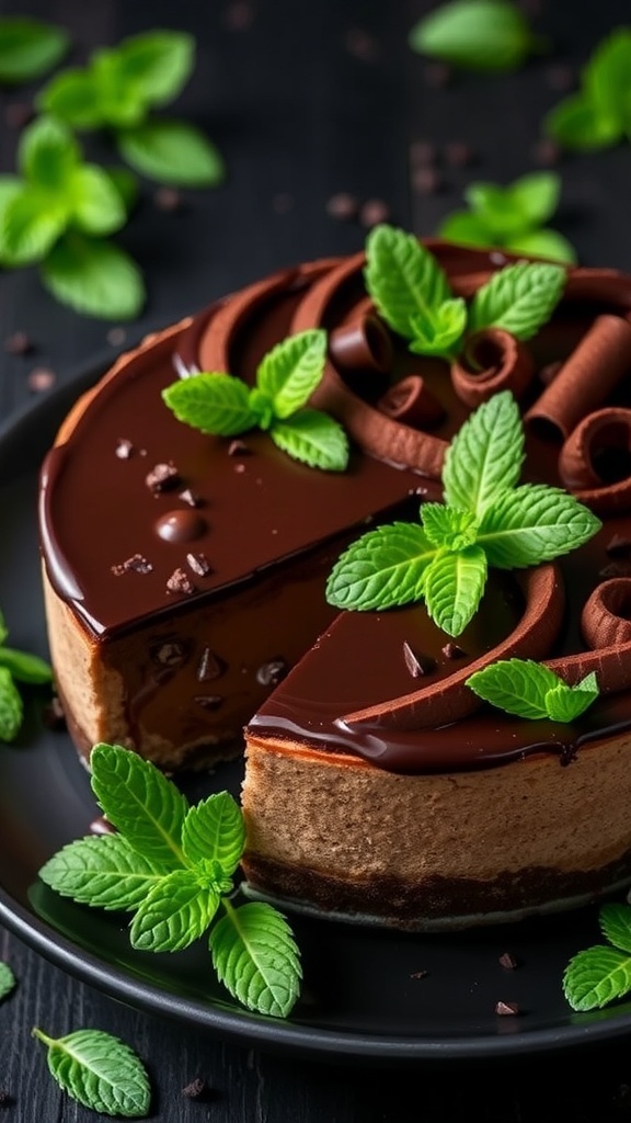 Chocolate Mint Keto Cheesecake topped with mint leaves and chocolate curls on a dark plate.