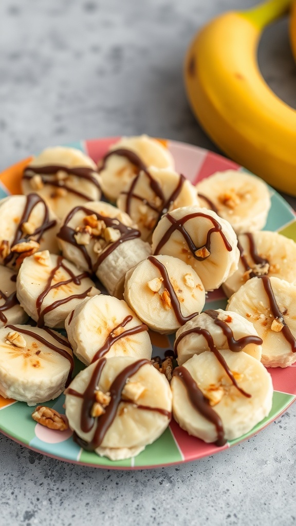 Chocolate peanut butter banana wraps drizzled with chocolate and topped with nuts on a colorful plate.