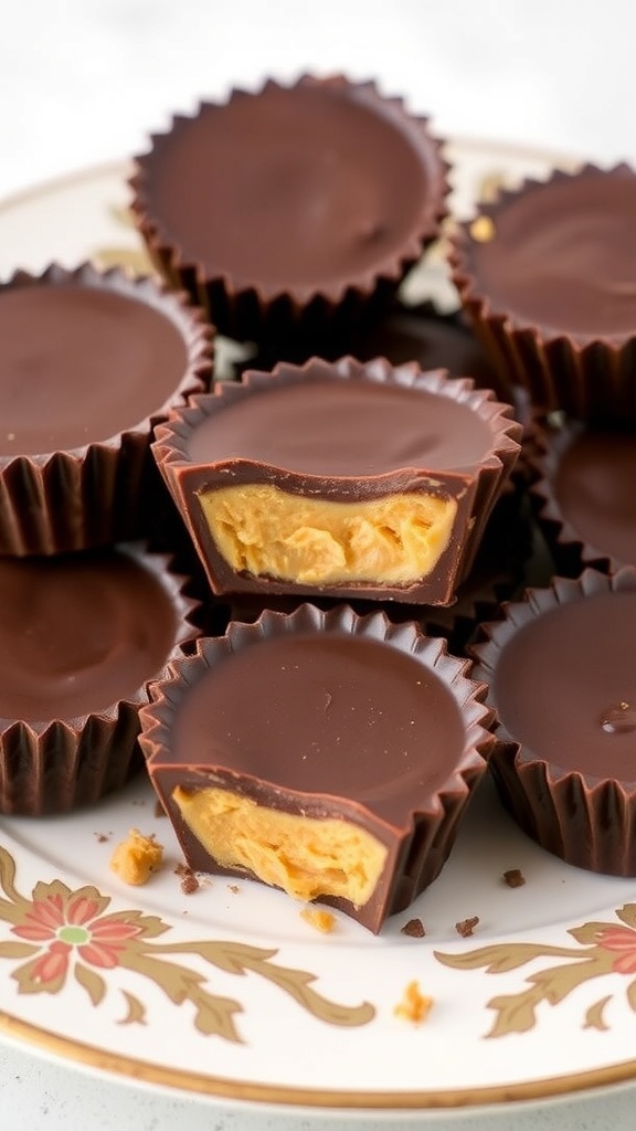 A plate of chocolate peanut butter cups, some whole and some cut in half to show the creamy filling.