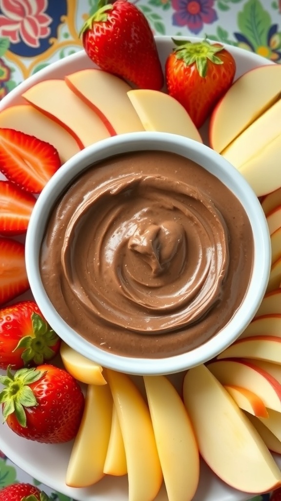 A bowl of chocolate peanut butter dip surrounded by strawberries and apple slices.