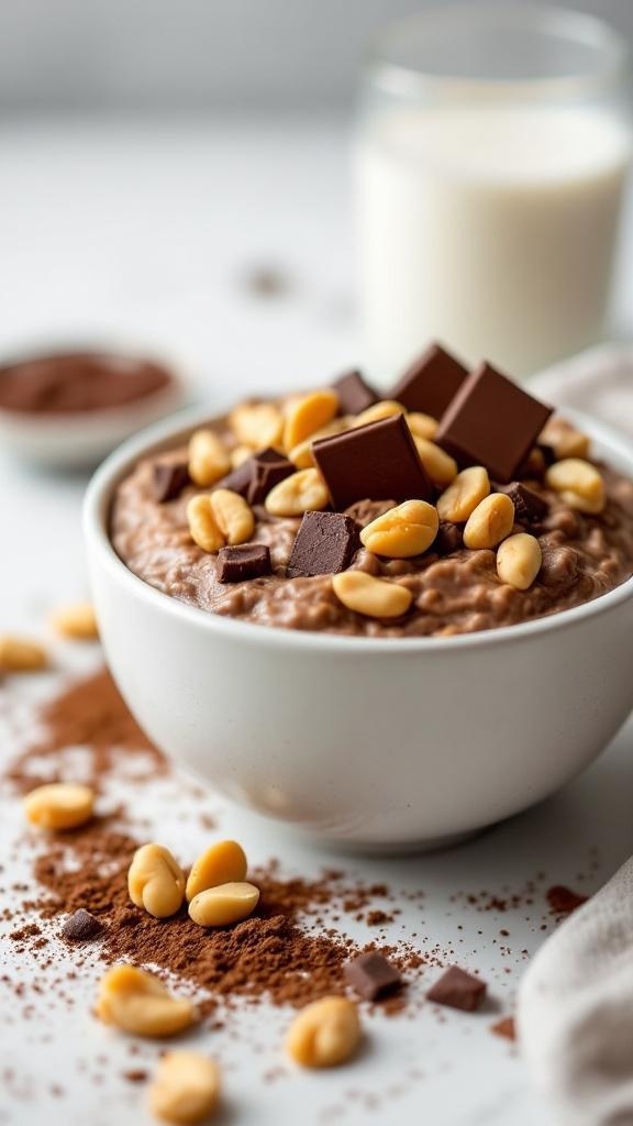 A bowl of chocolate peanut butter overnight oats topped with peanuts and chocolate chunks, with a glass of milk in the background.