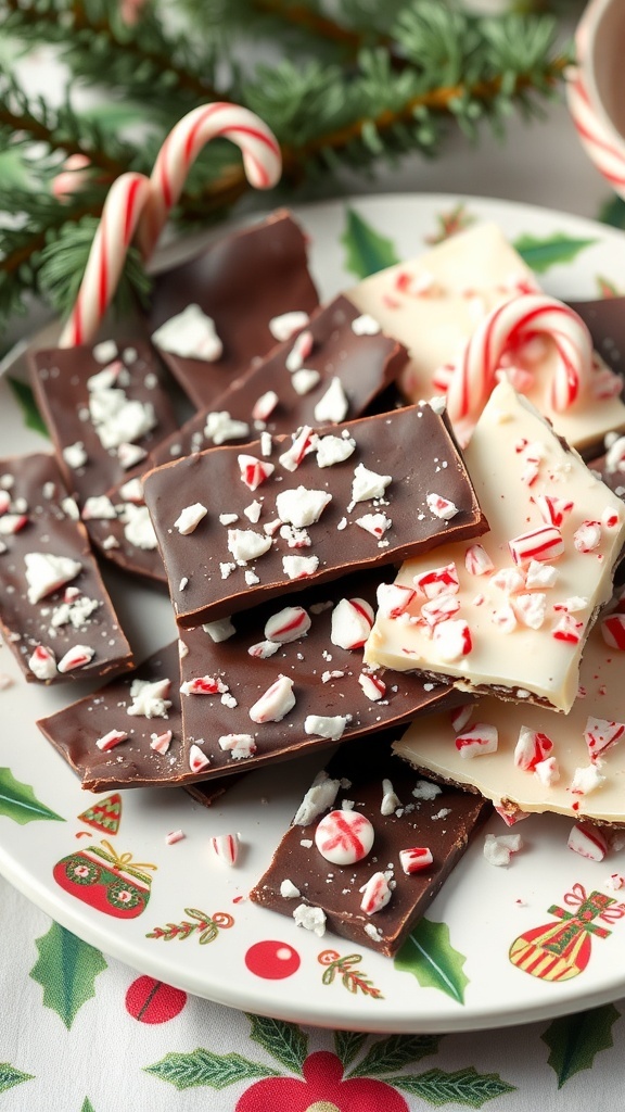 A festive plate of chocolate peppermint bark with crushed peppermint candies and candy canes.