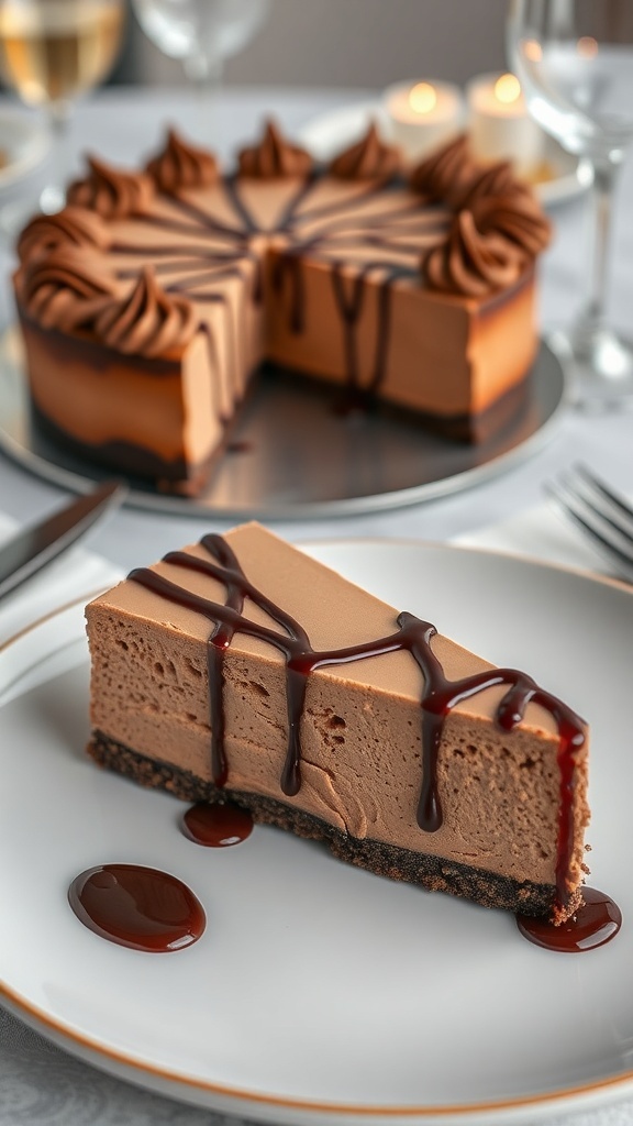 A slice of chocolate protein cheesecake on a plate, with the whole cheesecake in the background.