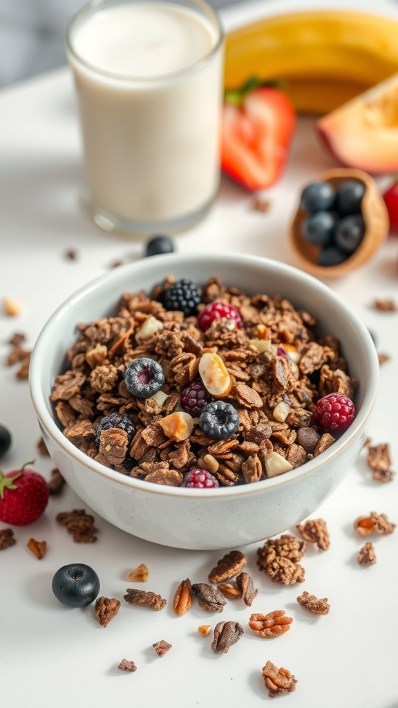 A bowl of chocolate protein granola with fresh berries and nuts, surrounded by a glass of milk and fruit.