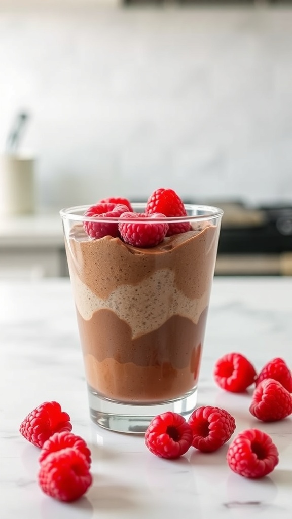 A glass of chocolate raspberry chia pudding topped with fresh raspberries, surrounded by more raspberries on a marble surface.