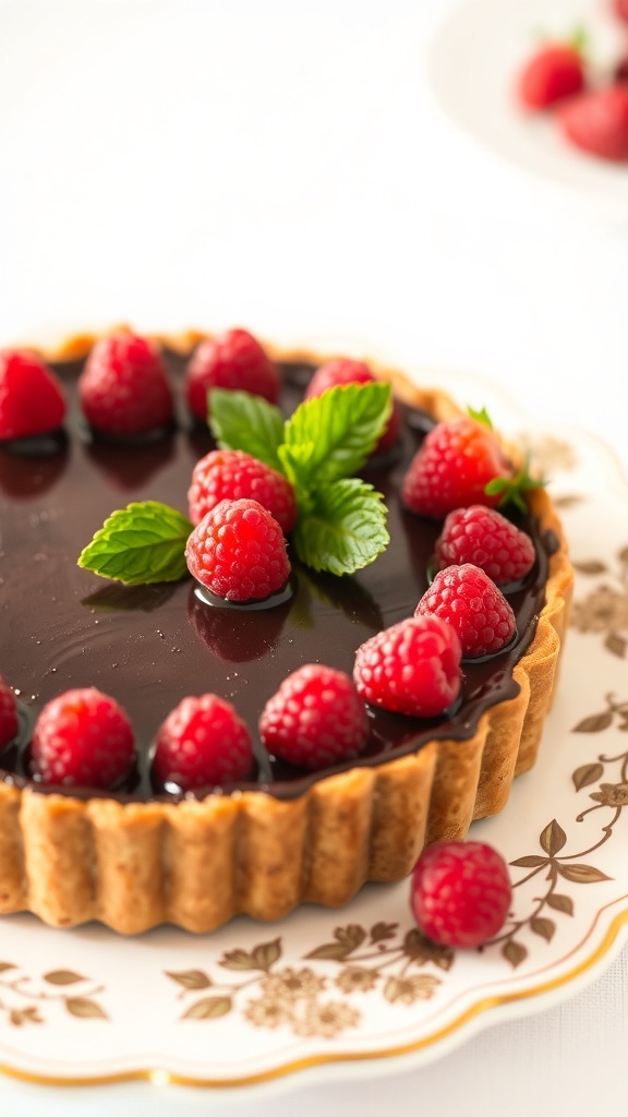 A beautiful chocolate raspberry tart garnished with fresh raspberries and mint leaves, surrounded by candles and roses.