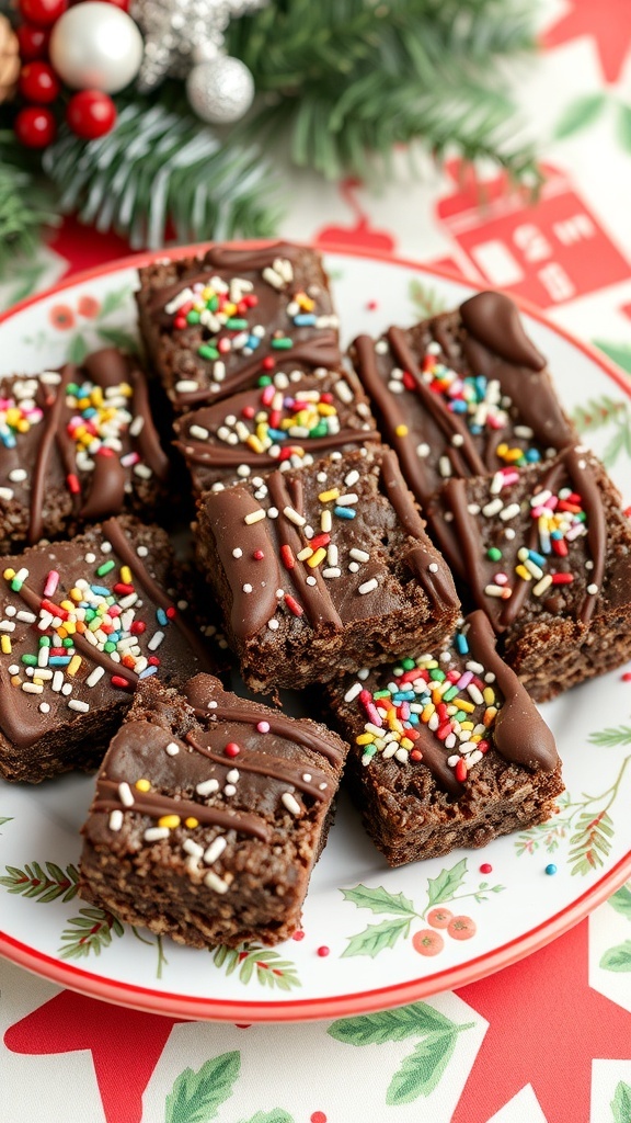 Plate of Chocolate Rice Krispie Treats decorated with chocolate drizzle and colorful sprinkles.