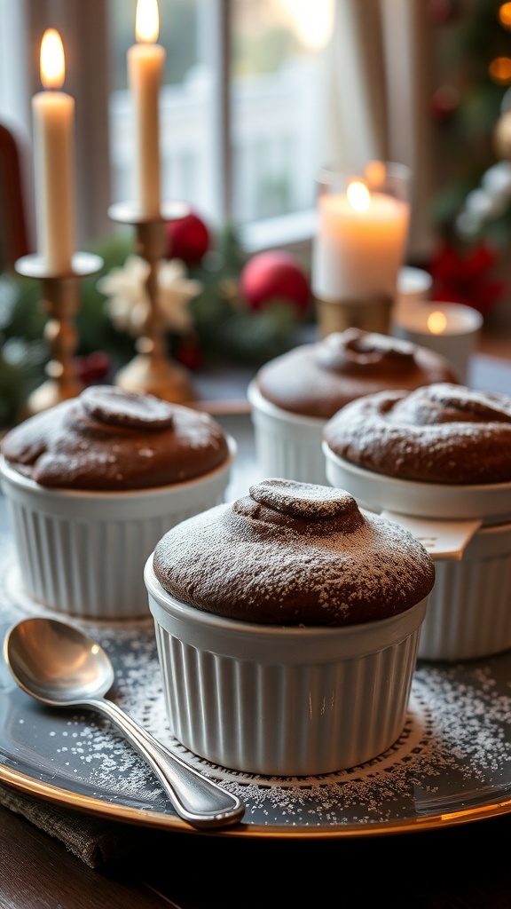 Chocolate soufflés dusted with powdered sugar on a decorative platter with candles in the background.