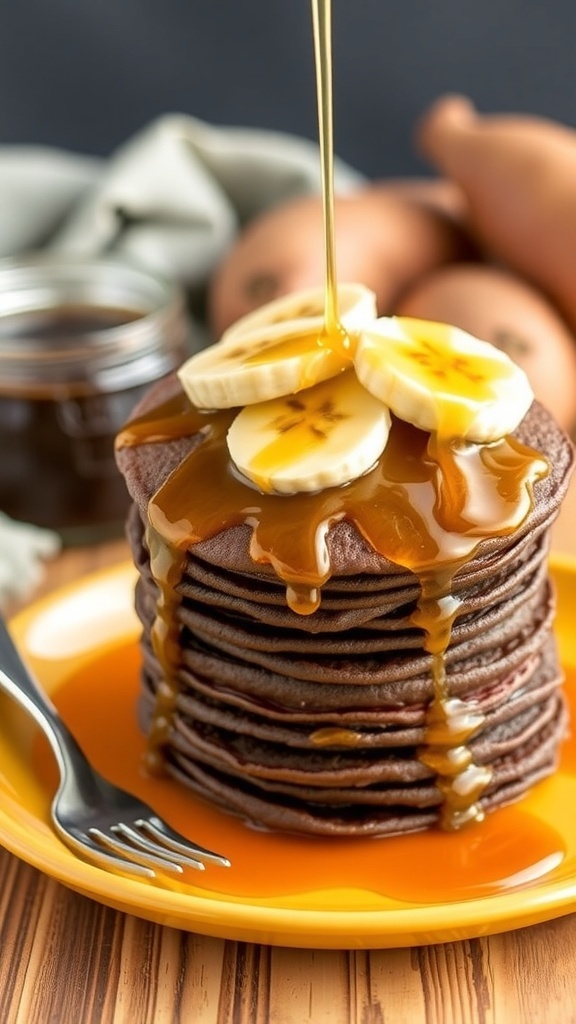 A stack of chocolate sweet potato pancakes topped with banana slices and syrup.