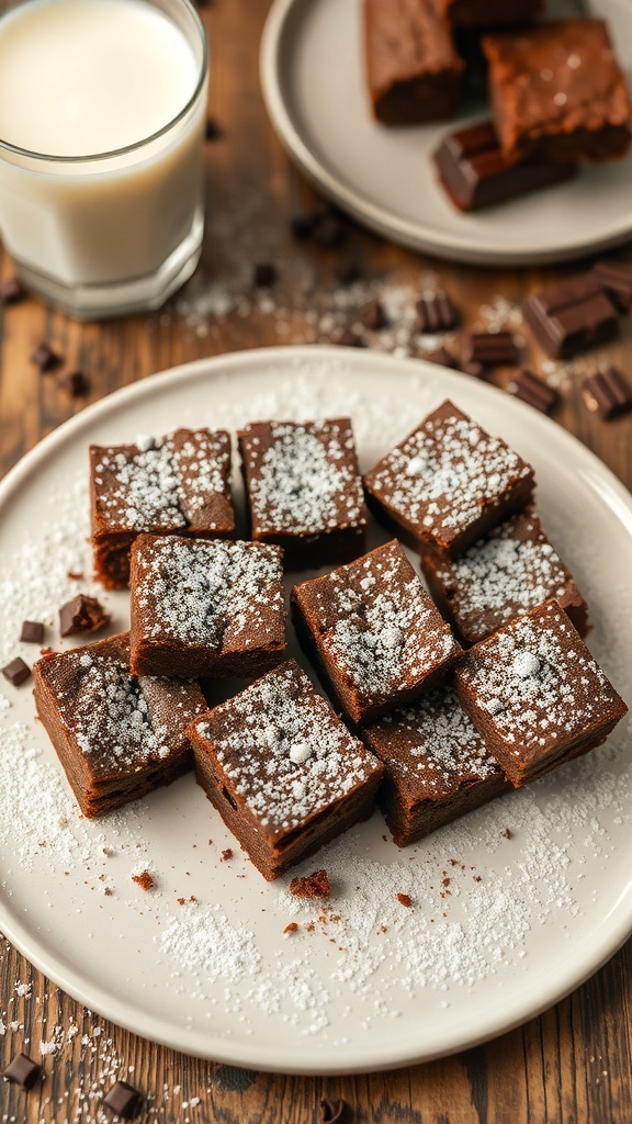 A plate of healthy brownies dusted with powdered sugar, served with a glass of milk.