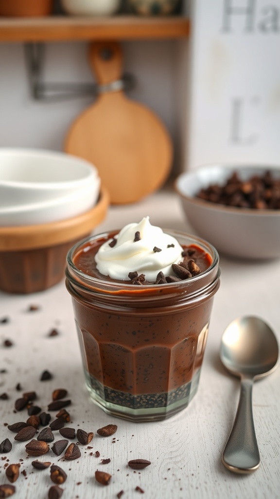 A jar of chocolate chia pudding topped with whipped cream and cacao nibs, surrounded by cacao beans.