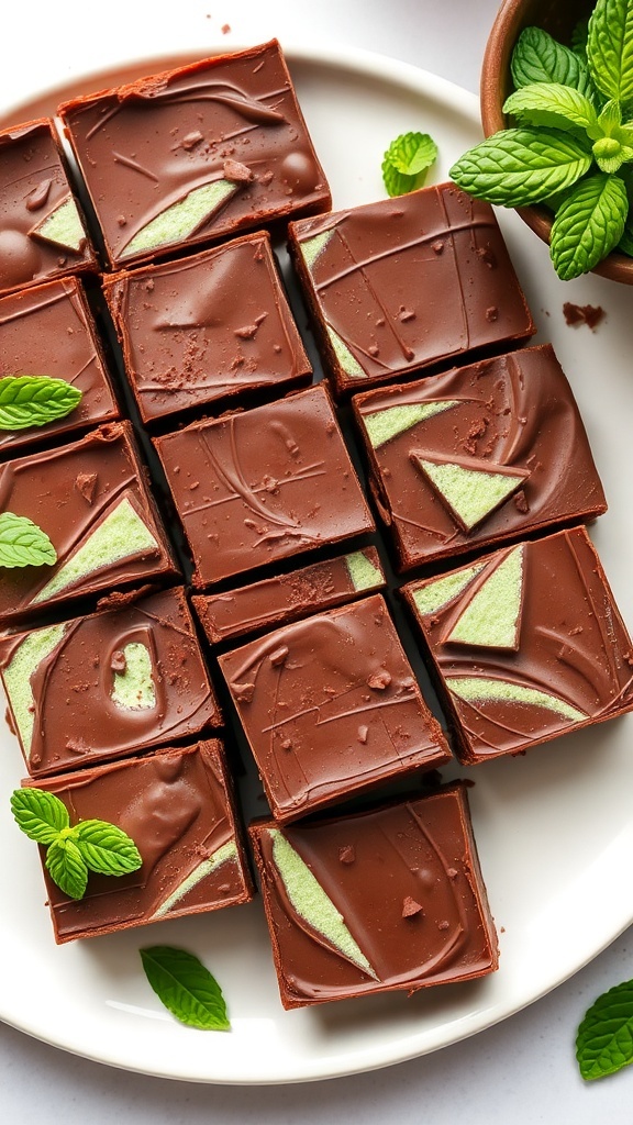 A plate of chocolatey no-bake mint chocolate bars, cut into squares with a mint garnish.