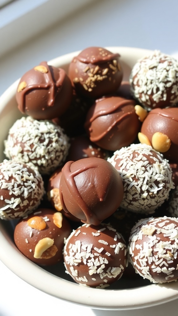 A bowl filled with various chocolaty energy bites, some coated in chocolate and others rolled in coconut.