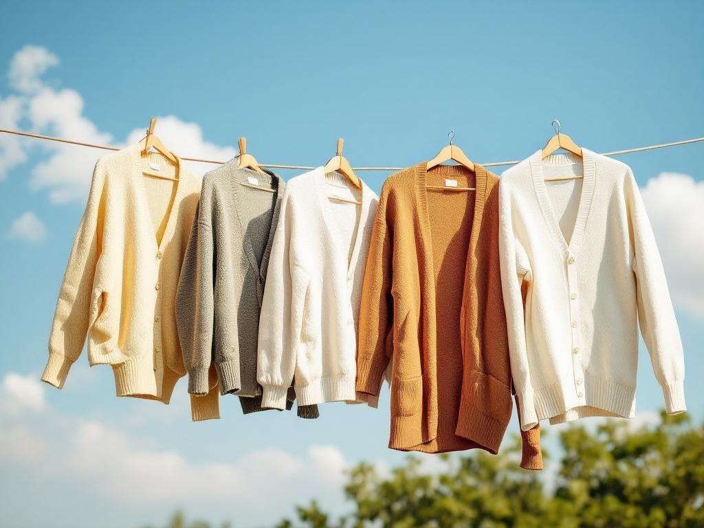 An assortment of lightweight cardigans hanging on a clothesline against a clear blue sky.