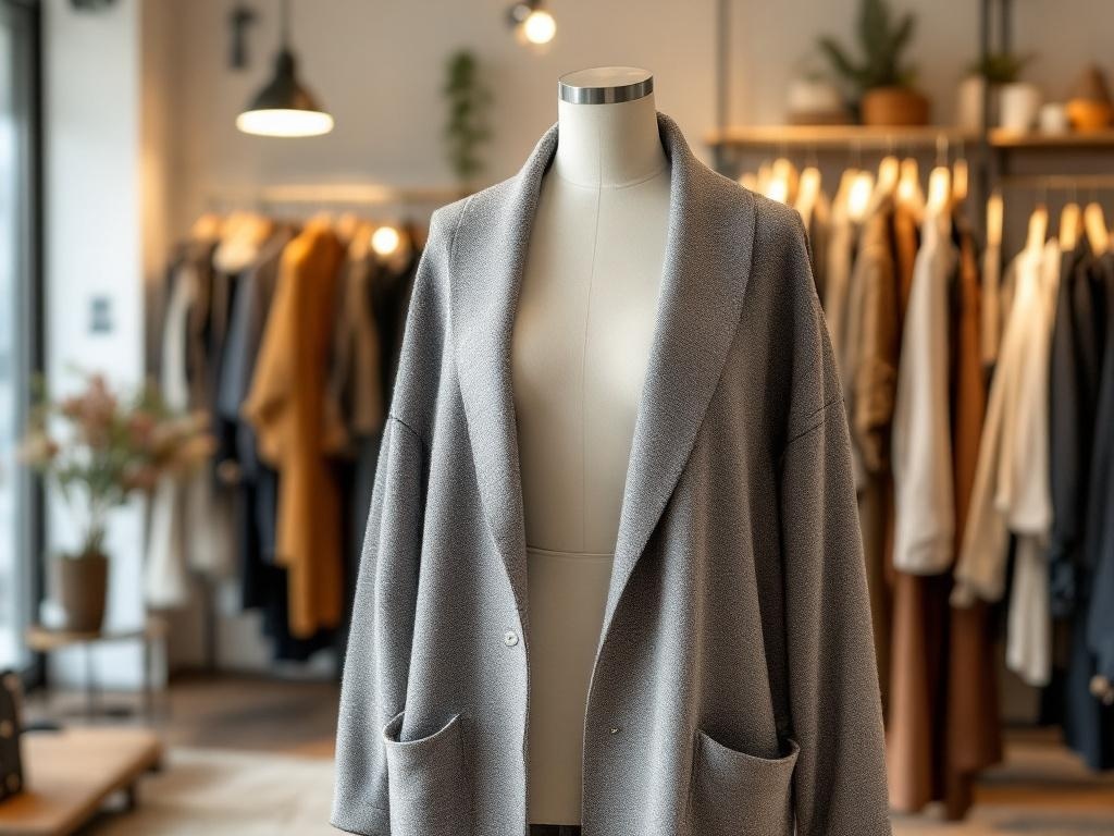 A longline cardigan displayed on a mannequin in a clothing store, surrounded by various garments.