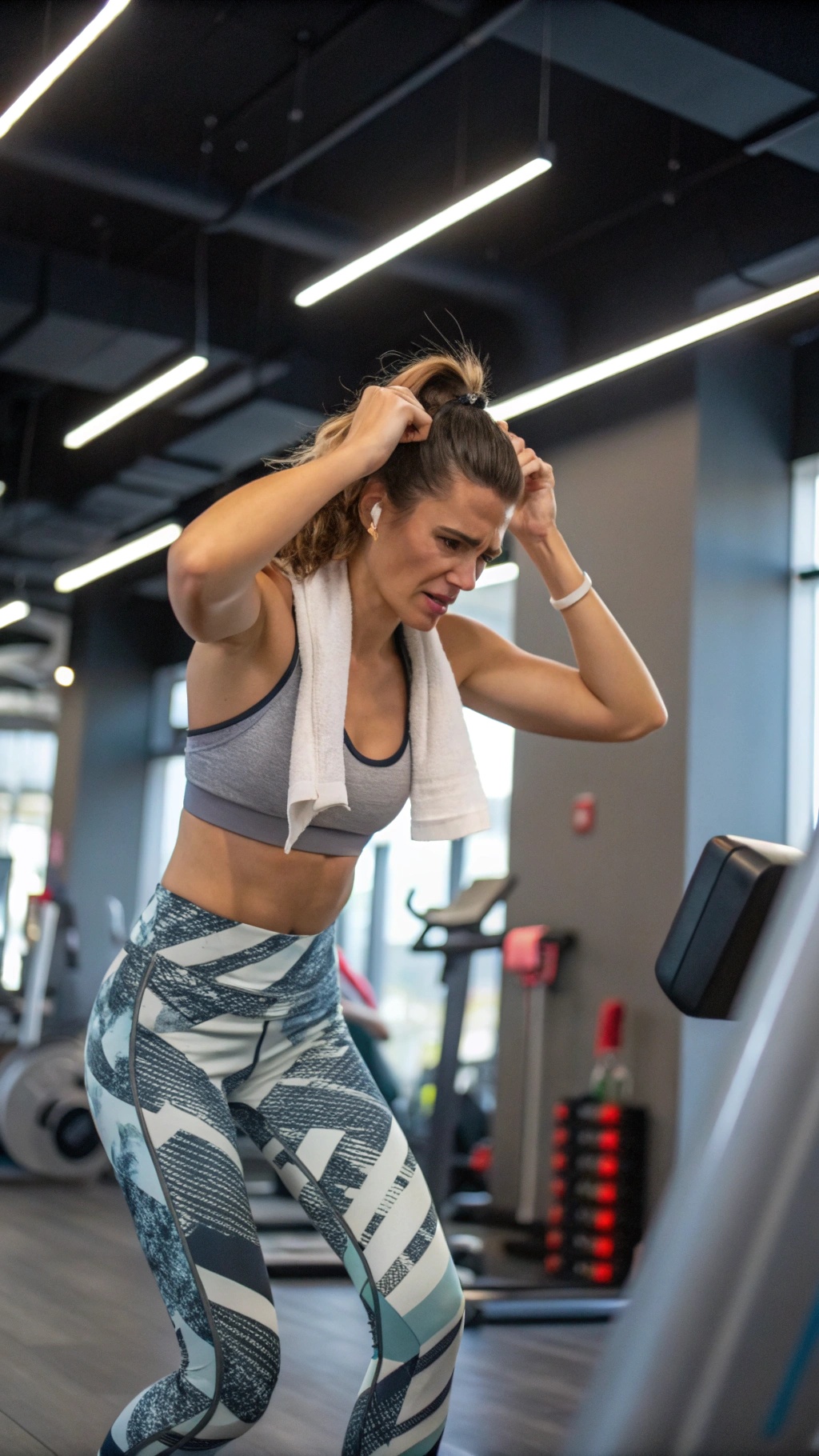A woman in a gym looking frustrated while working out, wearing a stylish workout outfit.