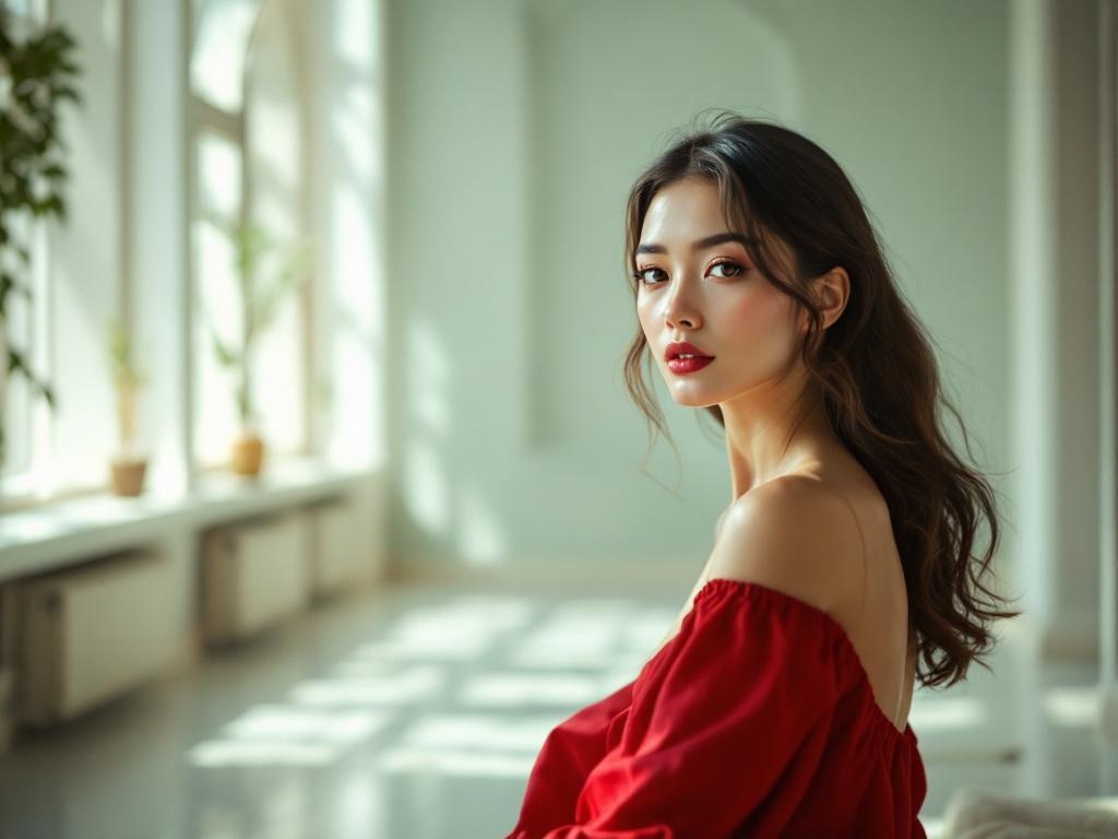 A woman with neutral makeup wearing a red dress, looking stylish and confident.