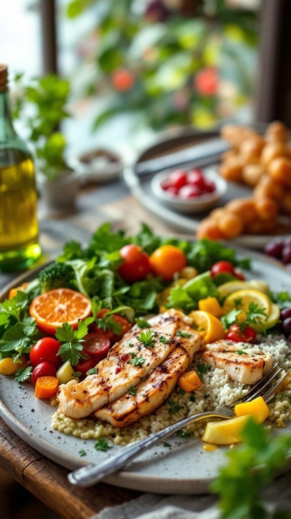 A colorful plate with grilled fish, fresh vegetables, and grains, showcasing a nutritious meal.