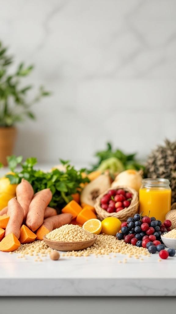 A variety of healthy carbohydrates including sweet potatoes, fruits, and grains arranged on a table.