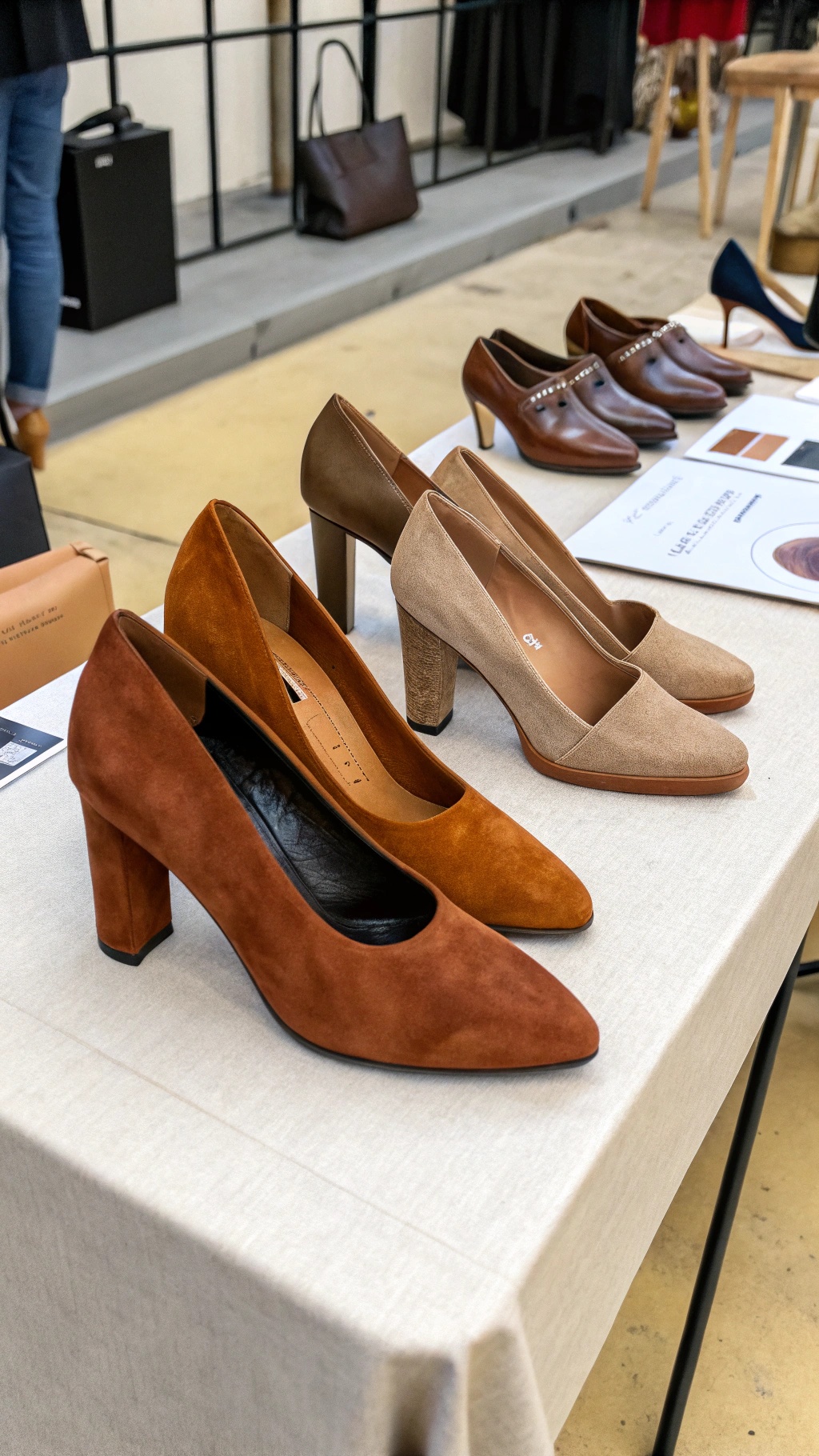 A selection of high-heeled shoes made from different materials, including suede and leather, displayed on a table.