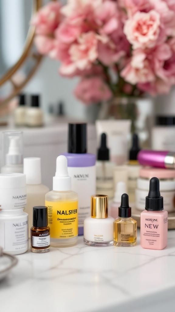A variety of nail care products displayed on a marble surface with pink flowers in the background.