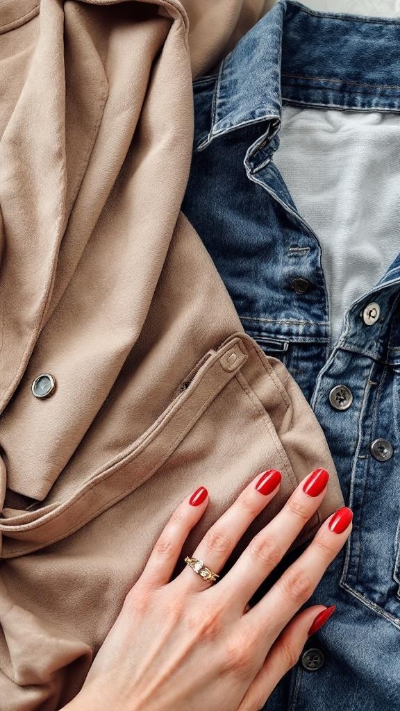A hand with red nails resting on beige fabric and denim clothing.