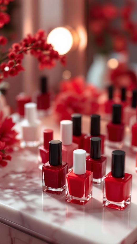 A collection of red nail polishes displayed on a marble surface with floral accents.